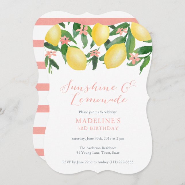 Sunshine and Lemonade Lemons Girl Birthday Party Invitation (Front/Back)