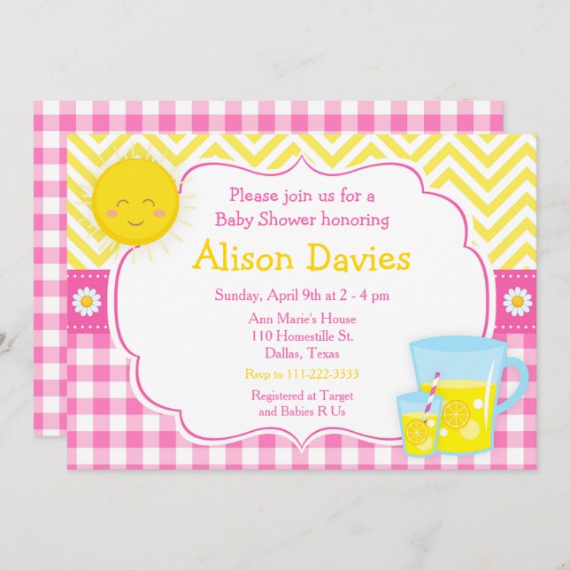 Sunshine and Lemonade Pink and Yellow Baby Shower Invitation (Front/Back)
