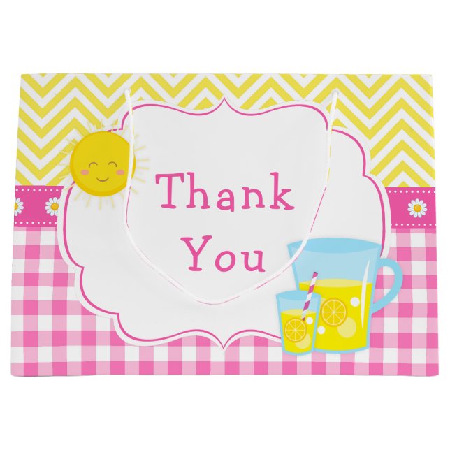 Sunshine and Lemonade Pink and Yellow Baby Shower Large Gift Bag (Front)