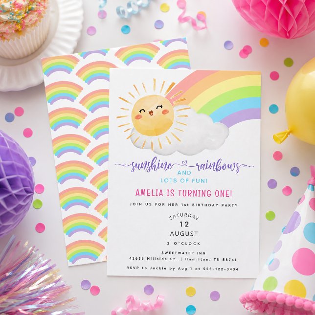 Sunshine and Rainbows First Birthday Party Invitation (Sunshine and Rainbows First Birthday Party Invitation)