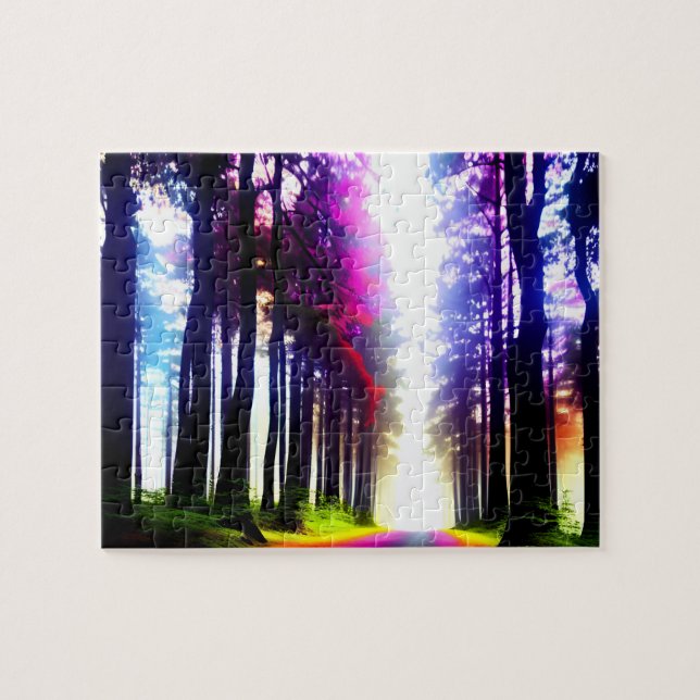 Sunshine and Rainbows Throughout Silhouette Forest Jigsaw Puzzle (Horizontal)