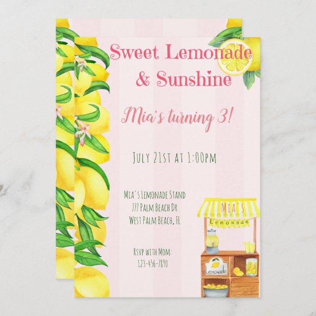 Sunshine and Sweet Lemonade Stand Girls Birthday  Invitation (Front/Back)