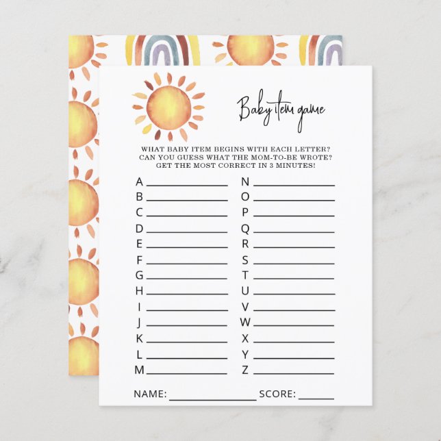 Sunshine Baby Item Game. Baby Shower Game (Front/Back)