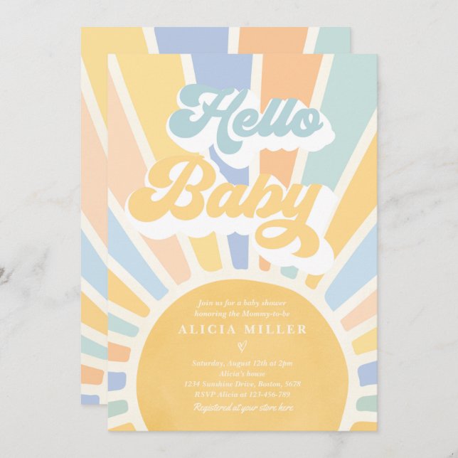 Sunshine Baby Shower Boho Blue Rainbow Sunshine Invitation (Front/Back)