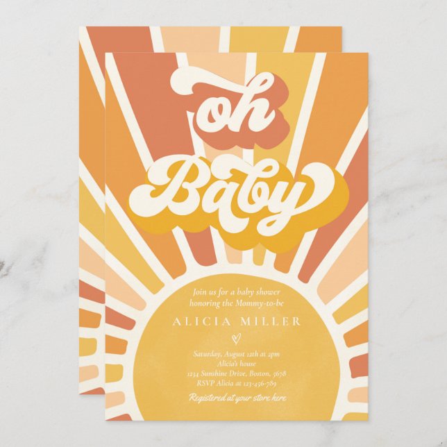 Sunshine Baby Shower Boho Retro Yellow Sunshine Invitation (Front/Back)