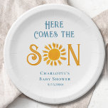 Sunshine Baby Shower Here Come The Son<br><div class="desc">Cute sunshine themed baby shower paper plate featuring a watercolor illustration of a yellow sun and "Here comes the Son" in stylish retro blue typography. Perfect for a boy's baby shower.
Easily customisable. 
Original Watercolor © Michele Davies.</div>