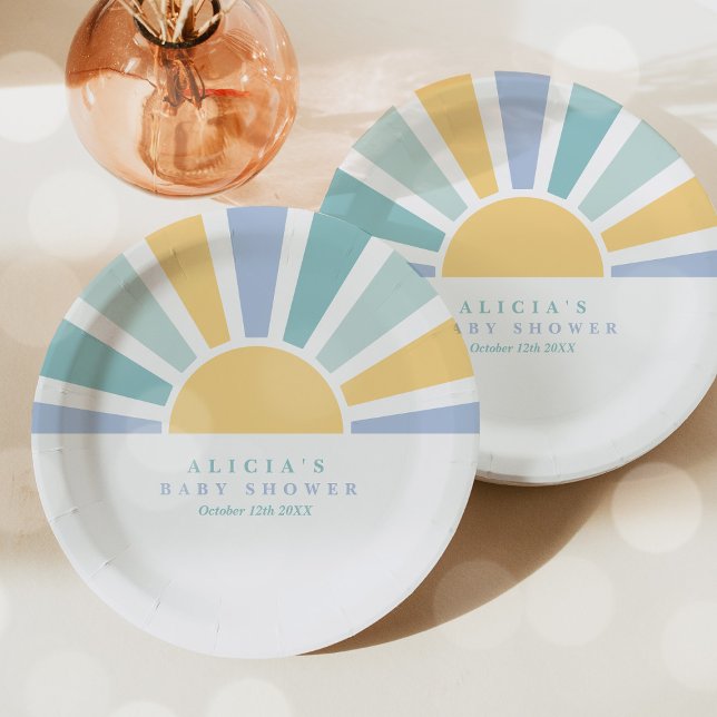 Sunshine Baby Shower Here Come The Son Yellow Rays Paper Plate (Creator Uploaded)