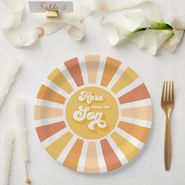 Sunshine Baby Shower Here Come The Son Yellow Rays Paper Plate (Wedding)