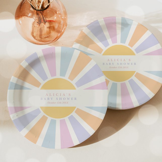 Sunshine Baby Shower Here Come The Sun Pink Rays Paper Plate (Creator Uploaded)