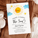 Sunshine Baby Shower Here Comes the Son Invitation<br><div class="desc">Cute baby shower invitation card featuring watercolor illustration of a smiling sunshine with stars and clouds. The text says "Here comes the son"</div>