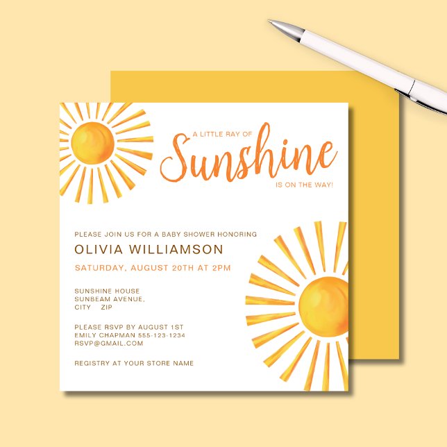 Sunshine Baby Shower Invitation (Little Ray of Sunshine Baby Shower square invitation)