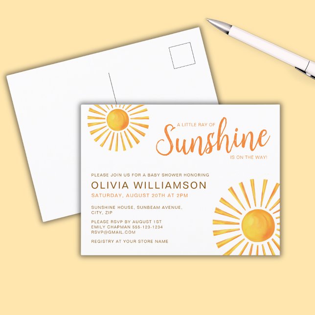 Sunshine Baby Shower Postcard (Little Ray of Sunshine Baby Shower Invitation Postcard)