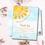 Sunshine Baby Shower Thank You Postcard<br><div class="desc">This baby shower thank you card features the text "A little ray of sunshine is almost here!" with a yellow watercolor sun and a blue sky background. Perfect for a gender-neutral baby shower. Easily customisable. Use the Design Tool to change the text size, style, or colour. Because we create our...</div>