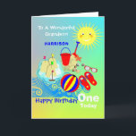 Sunshine Beach Theme Grandson Happy Birthday Card<br><div class="desc">Super cute smiling sunshine over a seaside scene of kids bucket and space along side a fun sand castle; such a fun and colourful design and easy to customise with a name,  age and message,  for that extra special touch at no extra cost.</div>