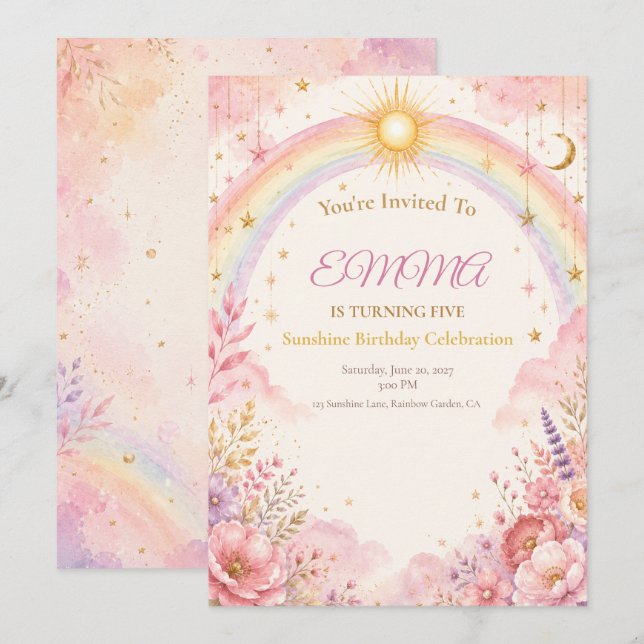 Sunshine Birthday Invitation | Pink Pastel Boho (Front/Back)