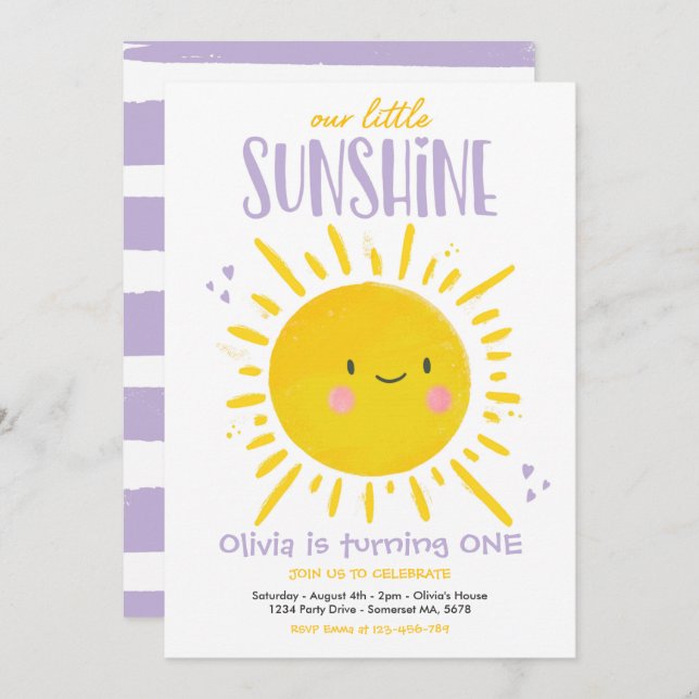 Sunshine Birthday Party Purple Our Little Sunshine Invitation (Front/Back)