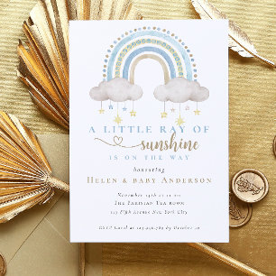 Sunshine Blue Boho Rainbow Boy Baby Shower Invitation