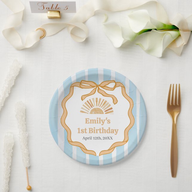 Sunshine Blue Gingham Birthday Party Paper Plates (Wedding)