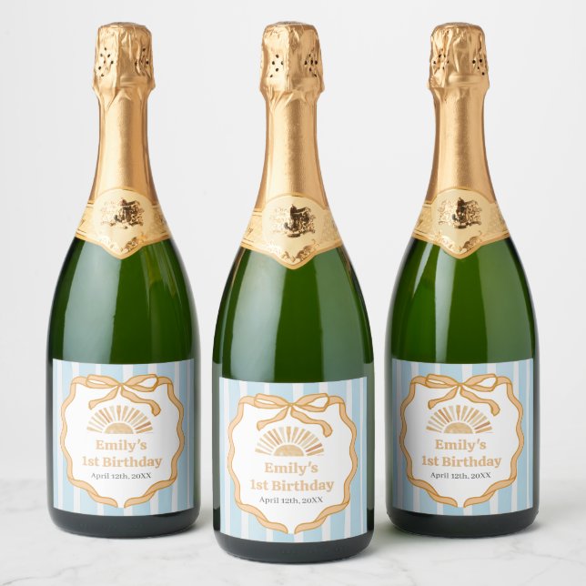 Sunshine Blue Gingham Birthday Party Sparkling Wine Label (Bottles)