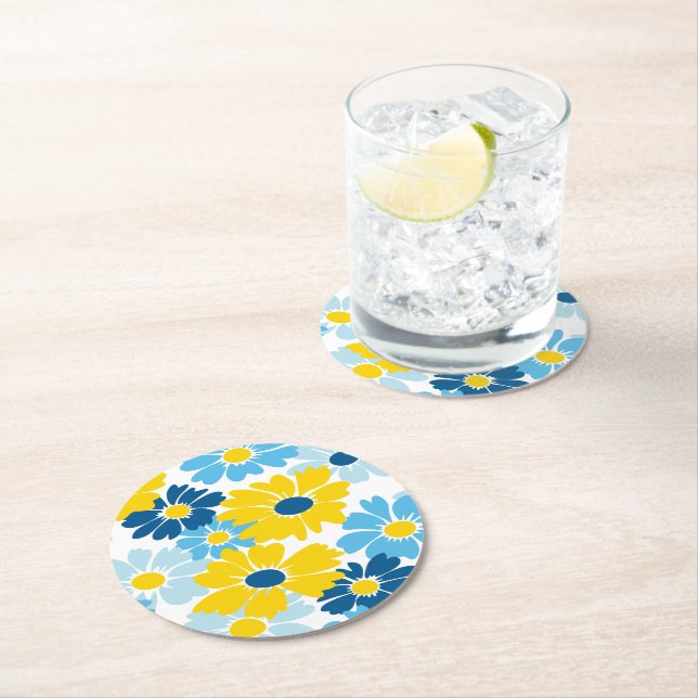 Sunshine Blue Sky Blooming Daisy  Round Paper Coaster (Insitu)