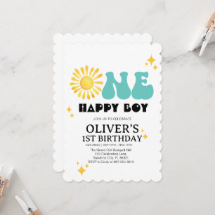  Sunshine, Boho One Happy Boy First birthday Invitation