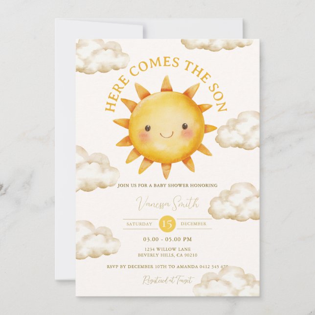 Sunshine Cloud Here Comes the Son Baby Shower Invitation (Front)