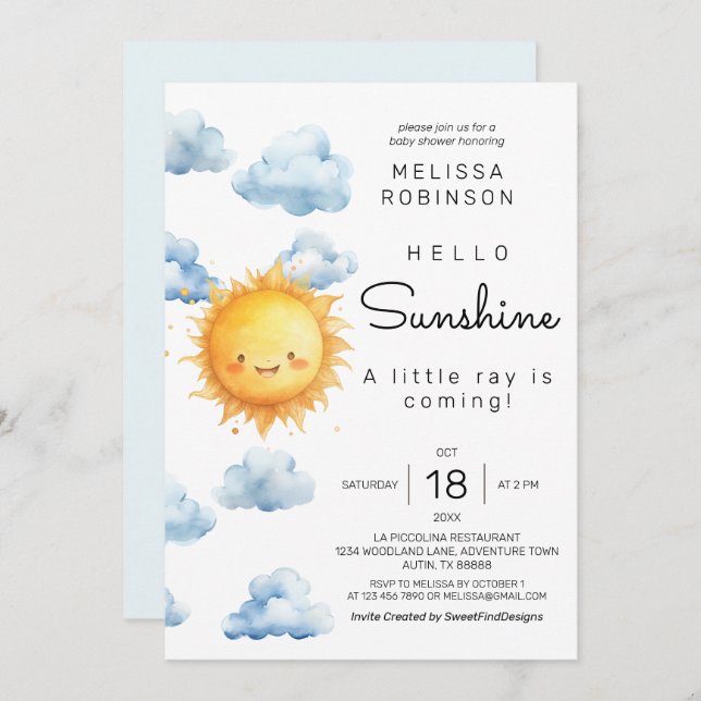 Sunshine Clouds Baby Boy Shower Invitation (Front/Back)