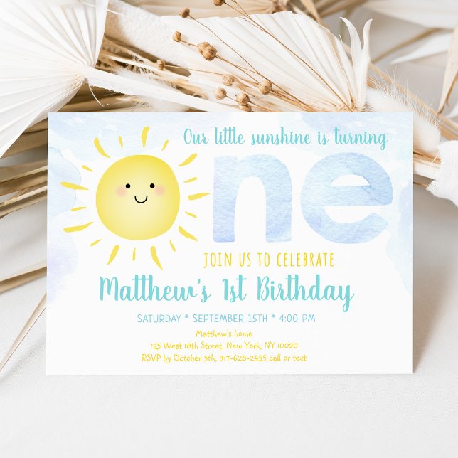 Sunshine Clouds Boy Blue First Birthday Invitation (Creator Uploaded)