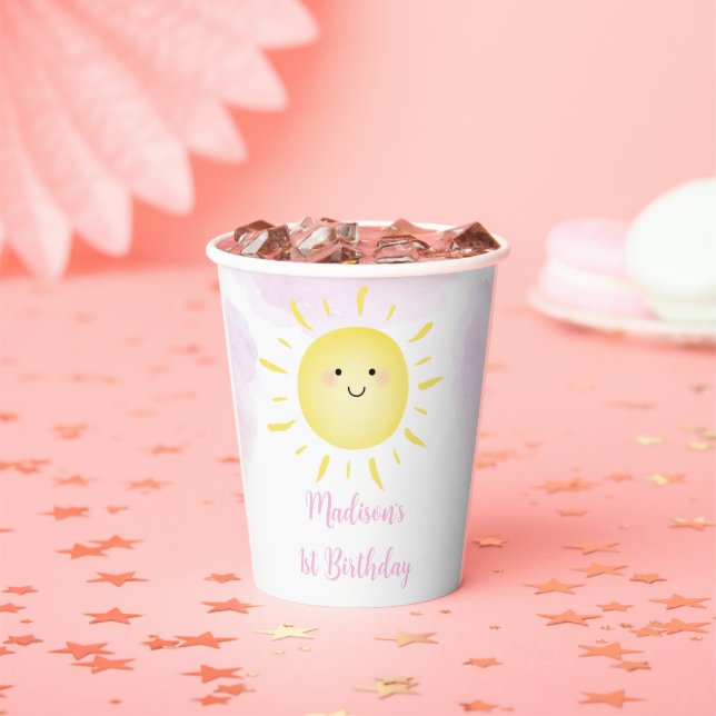 Sunshine Clouds Pink Girl Birthday Paper Cups (Insitu)