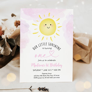 Sunshine Clouds Pink Girl First Birthday Invitation