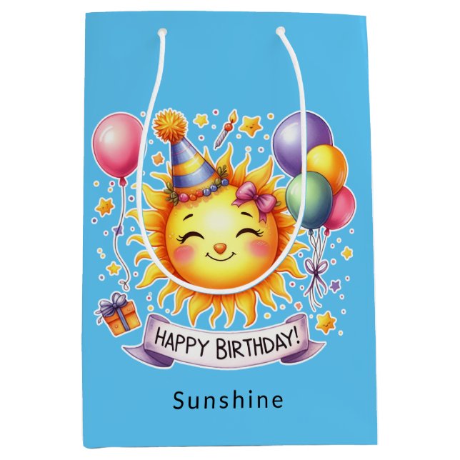 Sunshine Custom Name Happy Birthday Blue Medium Gift Bag (Front)