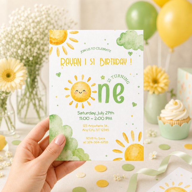 Sunshine First Birthday Baby Boy Green Boho Invitation (Creator Uploaded)