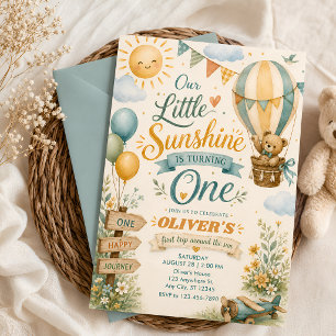 Sunshine First Birthday Boy Hot Air Balloon Teddy Invitation