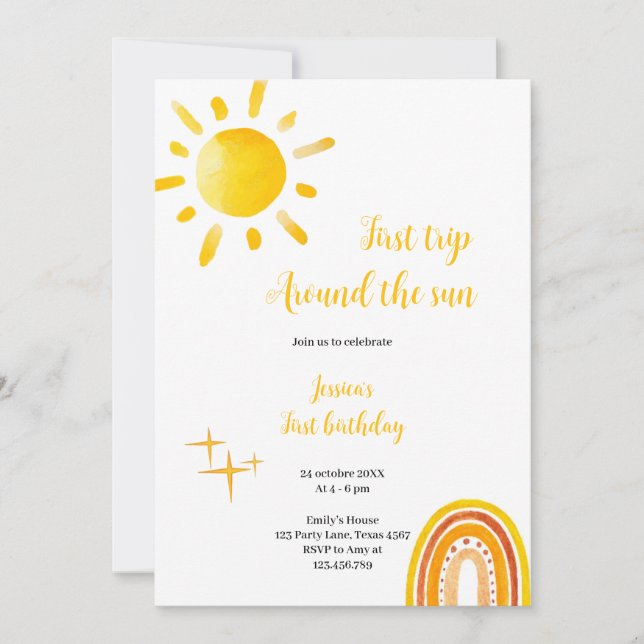 sunshine first trip arround the sun birthday invitation (Front)