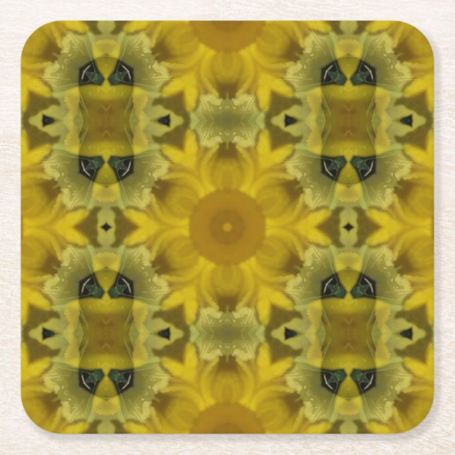 Sunshine Flower Burst Golden Square Paper Coaster (Front)
