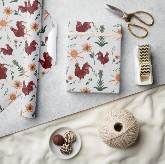Sunshine Folk Art Rooster Pattern Wrapping Paper (Crafts)