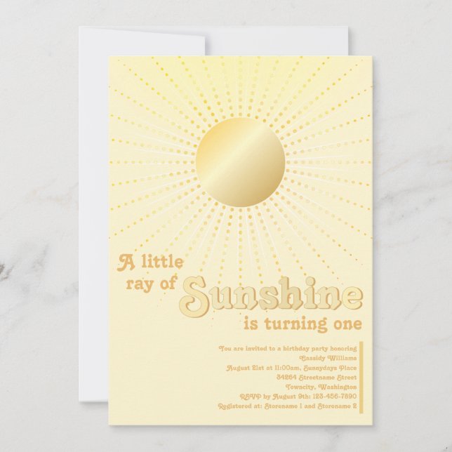 Sunshine Gold Sun First Birthday Invitation (Front)