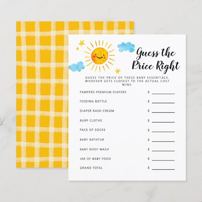 Sunshine Guess The Price Right Baby Shower Game (Front/Back)