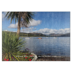 Sunshine in Scotland. Bay with Palm Trees & Yachts Cutting Board