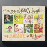 Sunshine in the House Grandchild Quote Photo Plaque<br><div class="desc">Create your own lovely photo plaque with 8 of your favourite photos. The design features the quote "a grandchild's laugh is sunshine in the house". It is lettered in ornate calligraphy with love hearts and an ombre colour palette of olive green through sunny yellow and burnt orange. The photo template...</div>