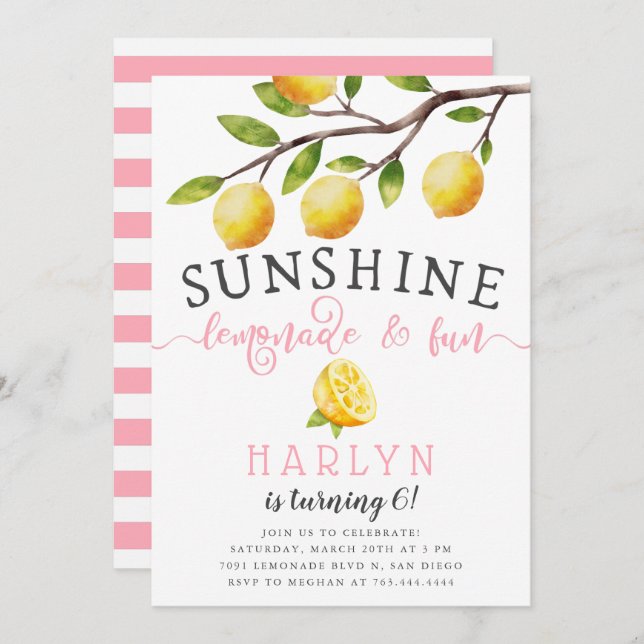 Sunshine Lemonade and Fun Girl's Birthday Party Invitation (Front/Back)