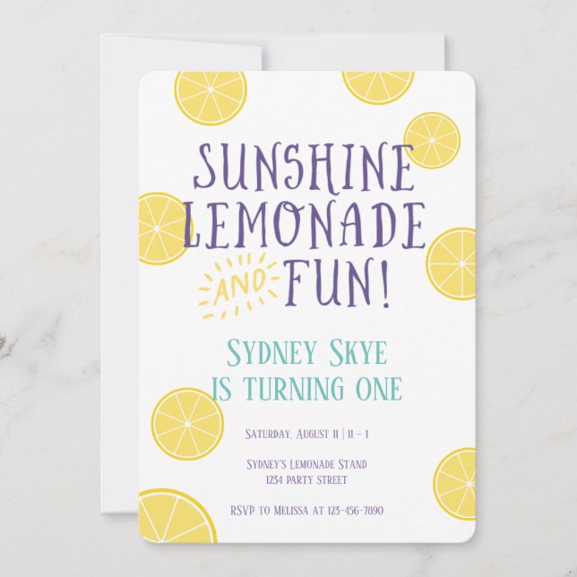 Sunshine Lemonade and Fun kids Birthday party Invitation (Front)