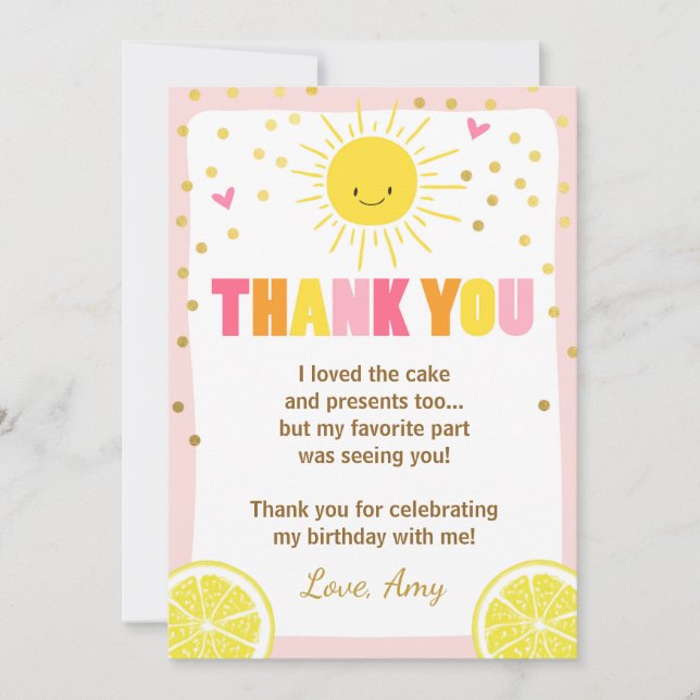 Sunshine Lemonade Birthday Thank You Card (Front)