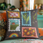 Sunshine Meadows | Stylish Family Name Monogram Cushion<br><div class="desc">Add a touch of charm and personality to your home décor with the Sunshine Meadows Throw Pillow. Featuring a beautiful mix of whimsical postage stamp illustrations – from delicate wildflowers and lush greenery to vibrant oranges and rainbows – this pillow brings a sense of warmth and nostalgia to any space....</div>