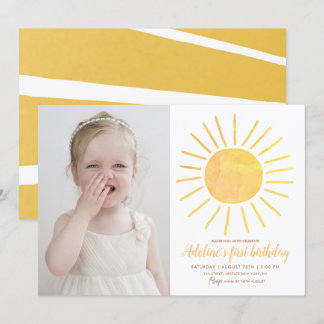 Sunshine Modern Watercolor Photo Birthday Invitation
