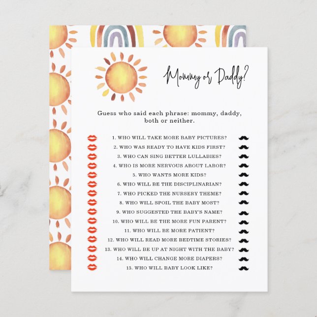 Sunshine mummy or daddy baby shower game (Front/Back)