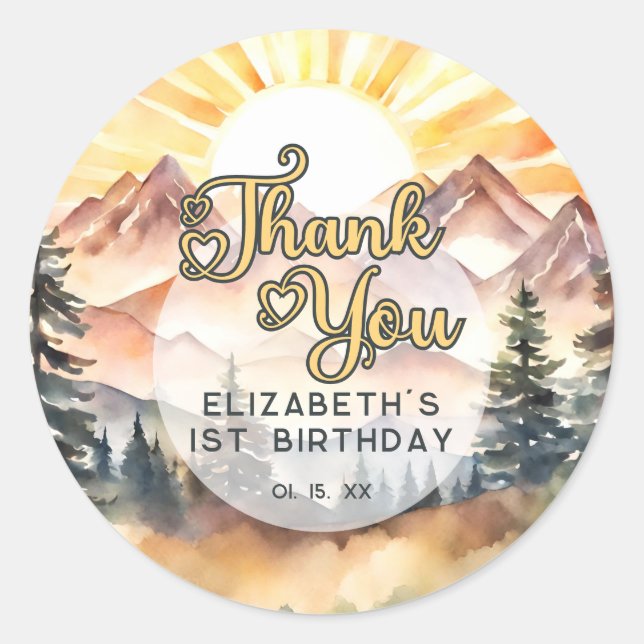 Sunshine Nature Mountains Birthday Party Thank You Classic Round Sticker (Front)