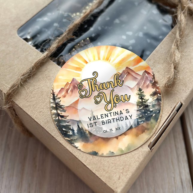 Sunshine Nature Mountains Birthday Party Thank You Classic Round Sticker (Creator Uploaded)