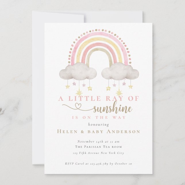 Sunshine Pink Boho Rainbow Girl Baby Shower Invitation (Front)