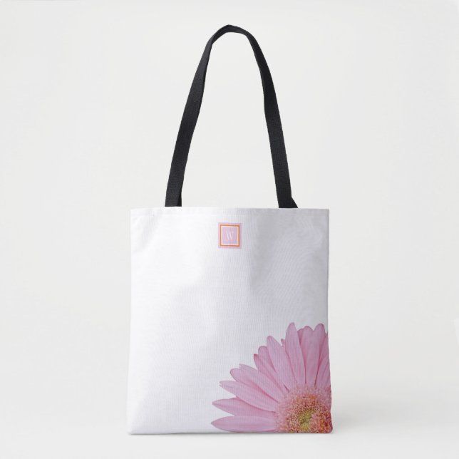 "Sunshine" Pink Gerbera Daisy Shoulder Tote White (Front)